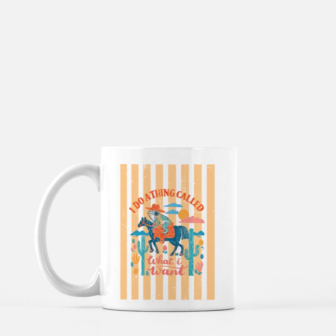 White mug with colorful design and text on a white background
