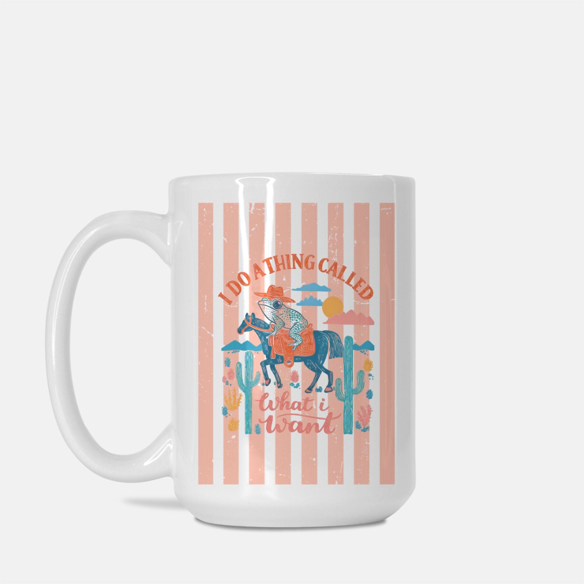 White mug with a colorful design of horses and cacti on a white background