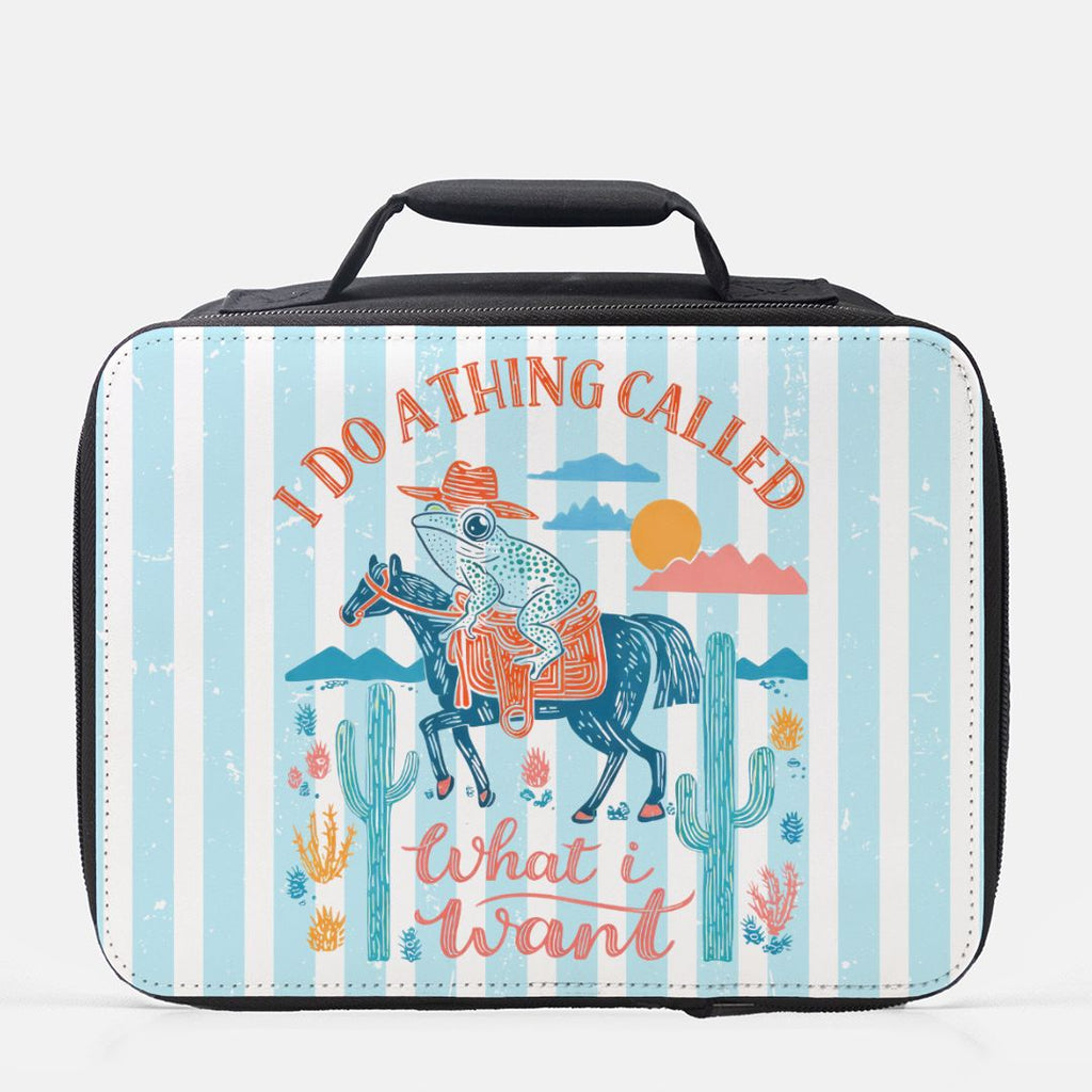  insulated lunch bag with a frog on a horse design and text 'I do a thing called what I want' on a striped background