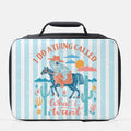  insulated lunch bag with a frog on a horse design and text 'I do a thing called what I want' on a striped background