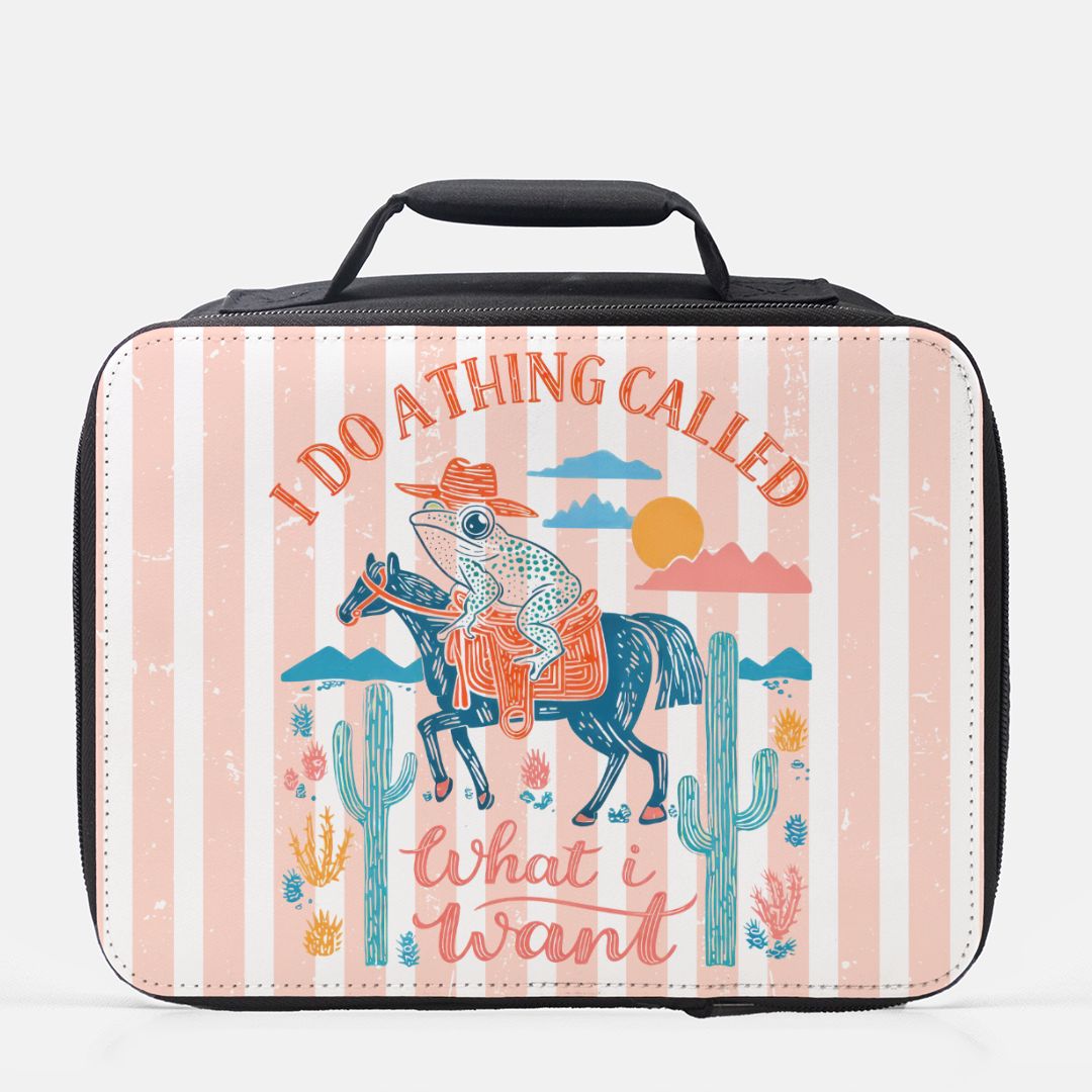 Lunch bag with a frog riding a horse design and text on a peach striped background