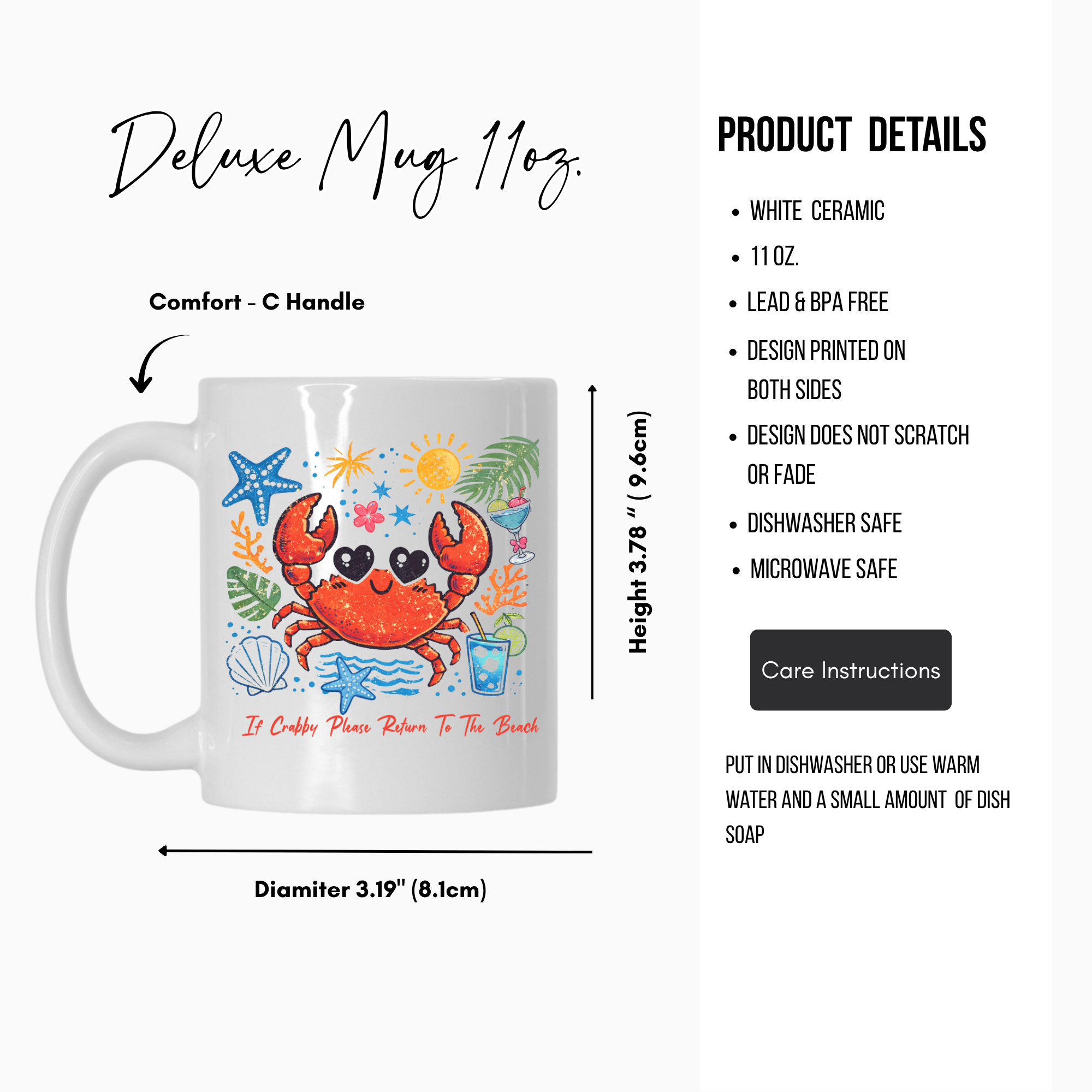 White 11oz. ceramic mug with a colorful crab design and product details on a white background