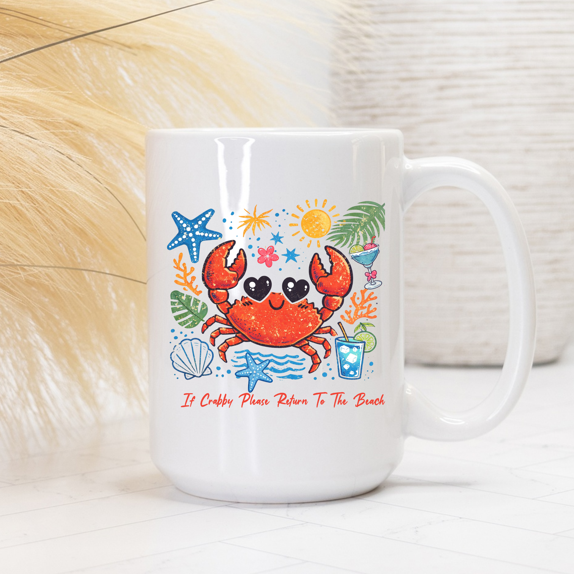 15oz. White mug with a colorful crab design and text on a light background