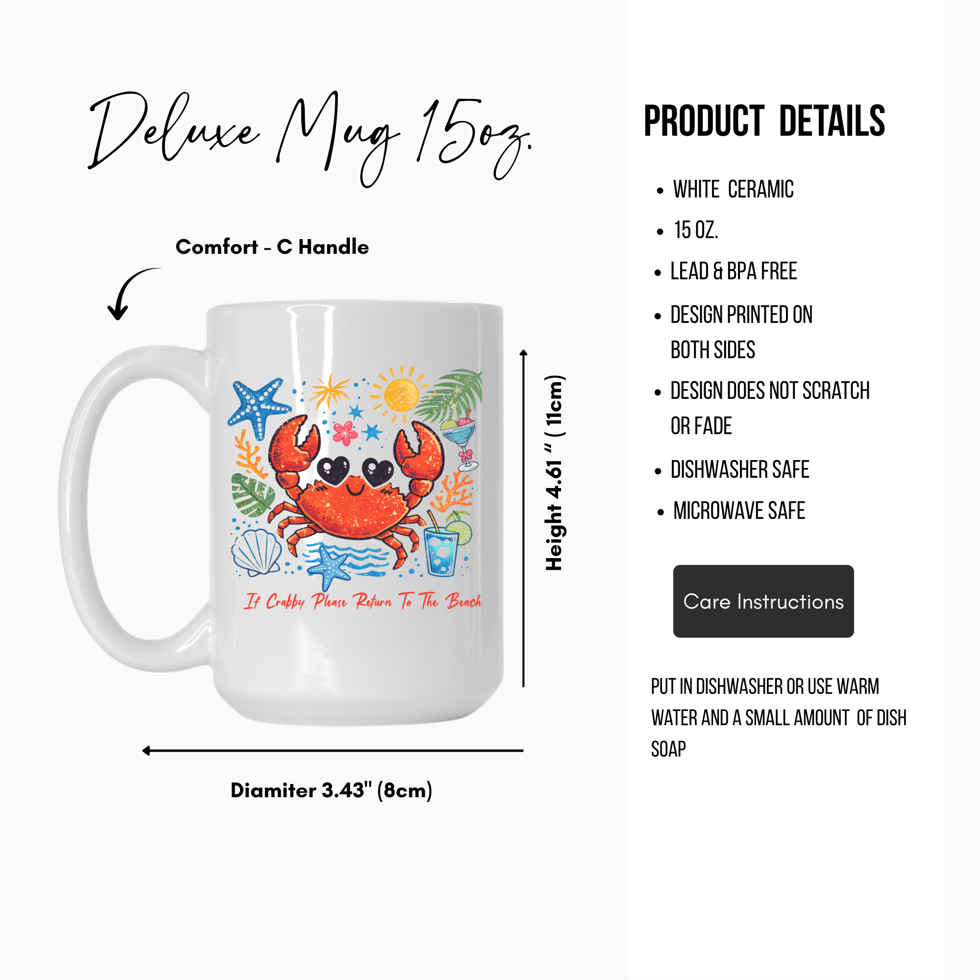 White 15oz. ceramic mug with a colorful crab design, featuring product details on a white background.