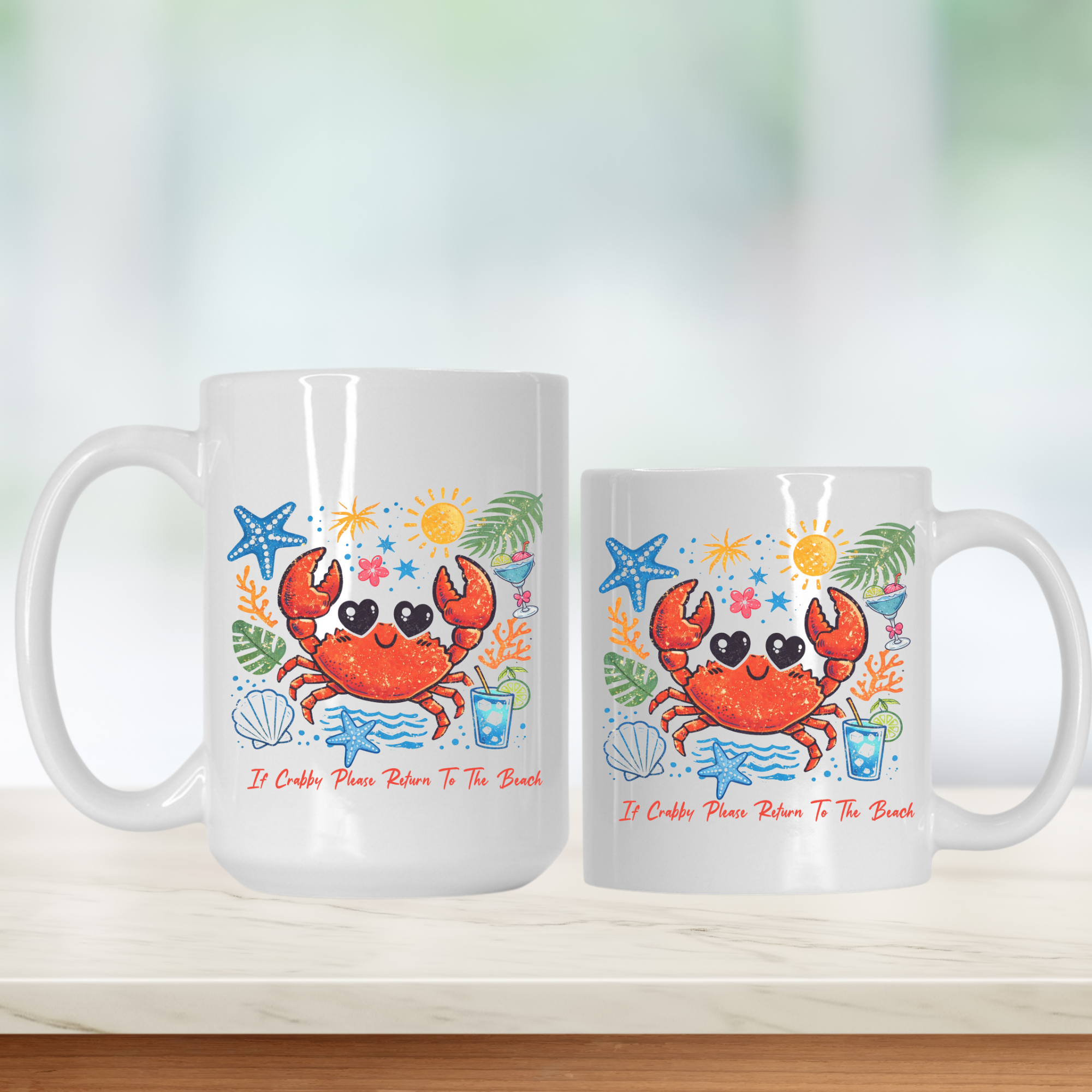 15oz.& 11oz. white mugs with a colorful crab design on a light background