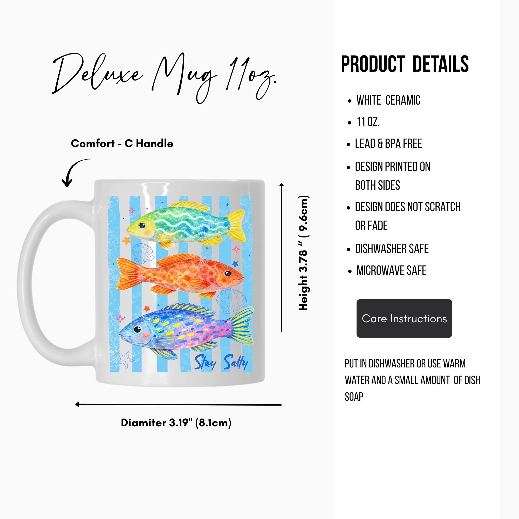 Mug with fish design and product details on a white background