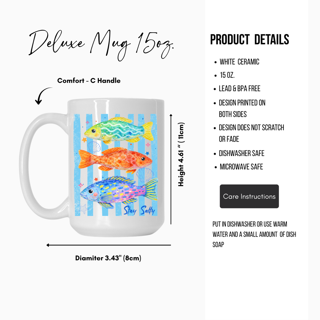 Deluxe 15oz mug with fish design and product details on a white background
