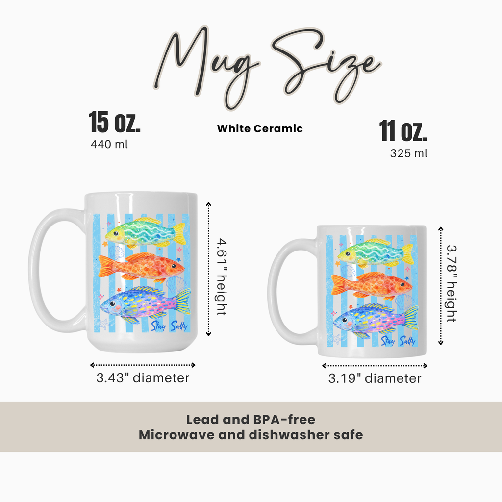 Mug size comparison chart with two mugs and measurements on a white background