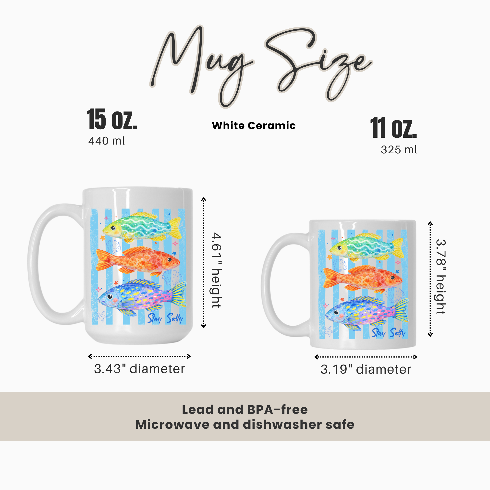 Mug size comparison chart with two mugs and measurements on a white background