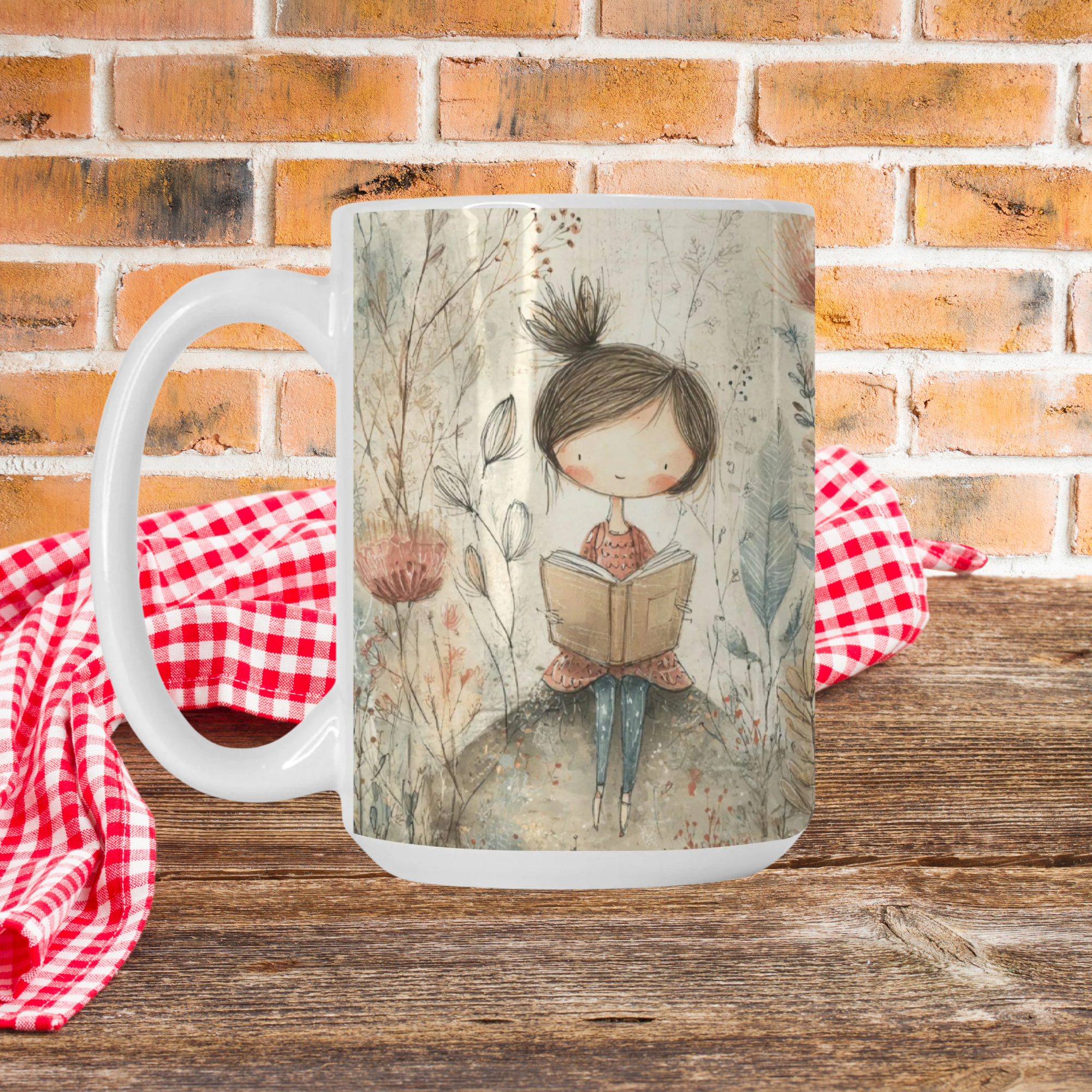 Mug with a design of a girl reading a book against a brick wall background