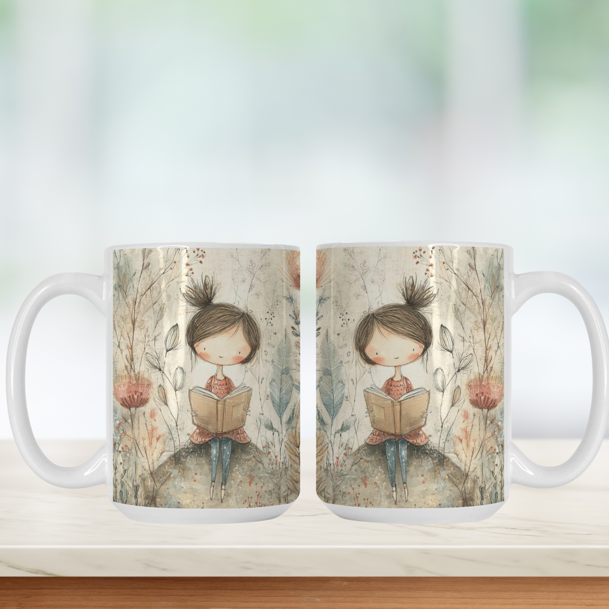 Two mugs with a design of a girl reading a book in a forest on a white background.