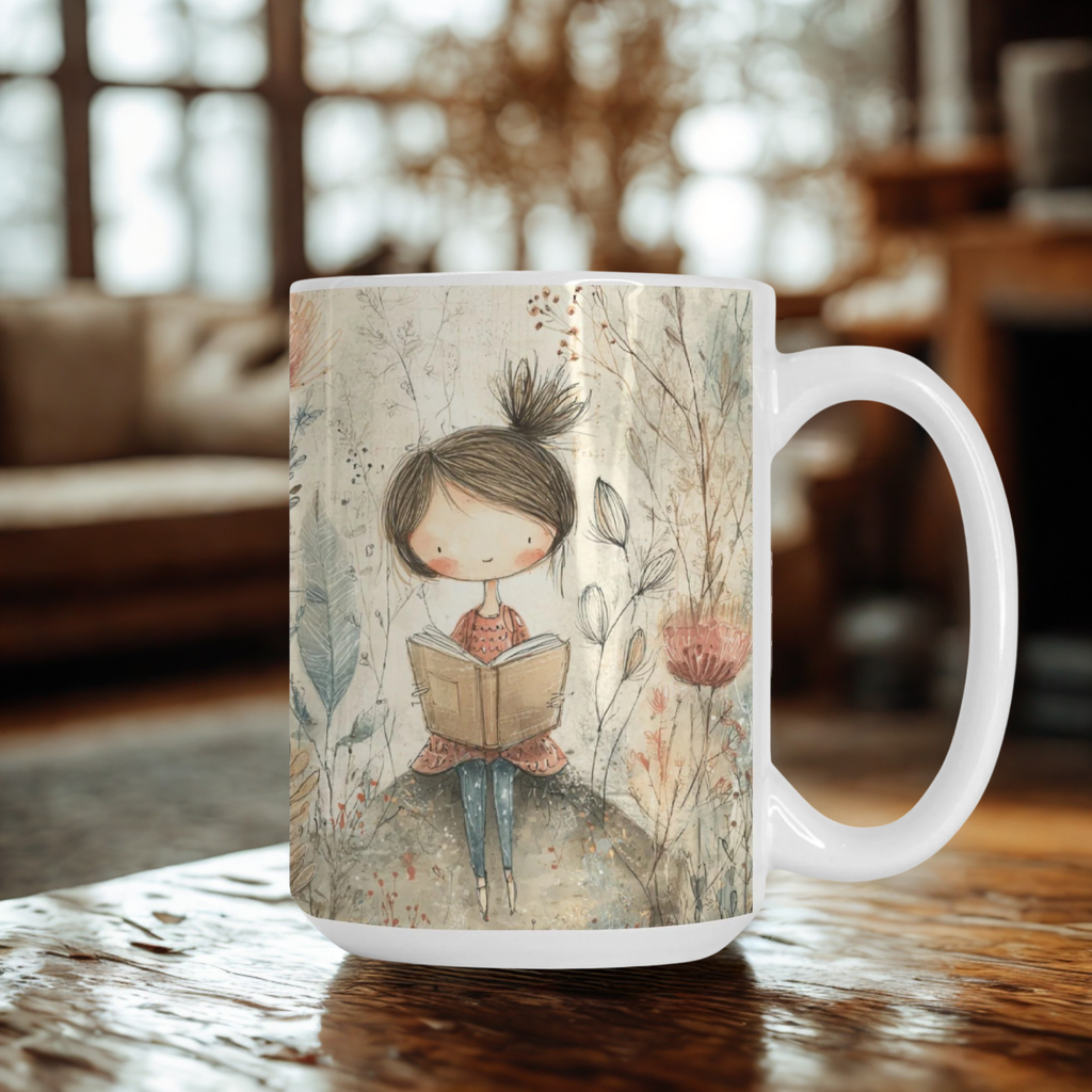 Mug with a design of a girl reading a book in a forest setting on a wooden table.