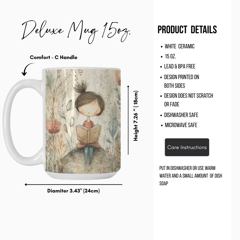Mug with a design of a girl reading a book, featuring product details on a white background.