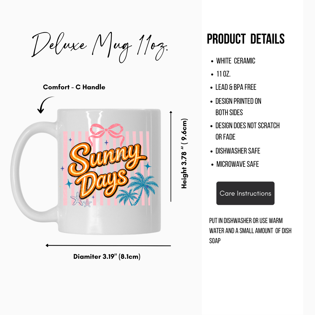White 11oz. ceramic mug with 'Sunny Days' design, featuring palm trees and a bow, on a white background with product details.