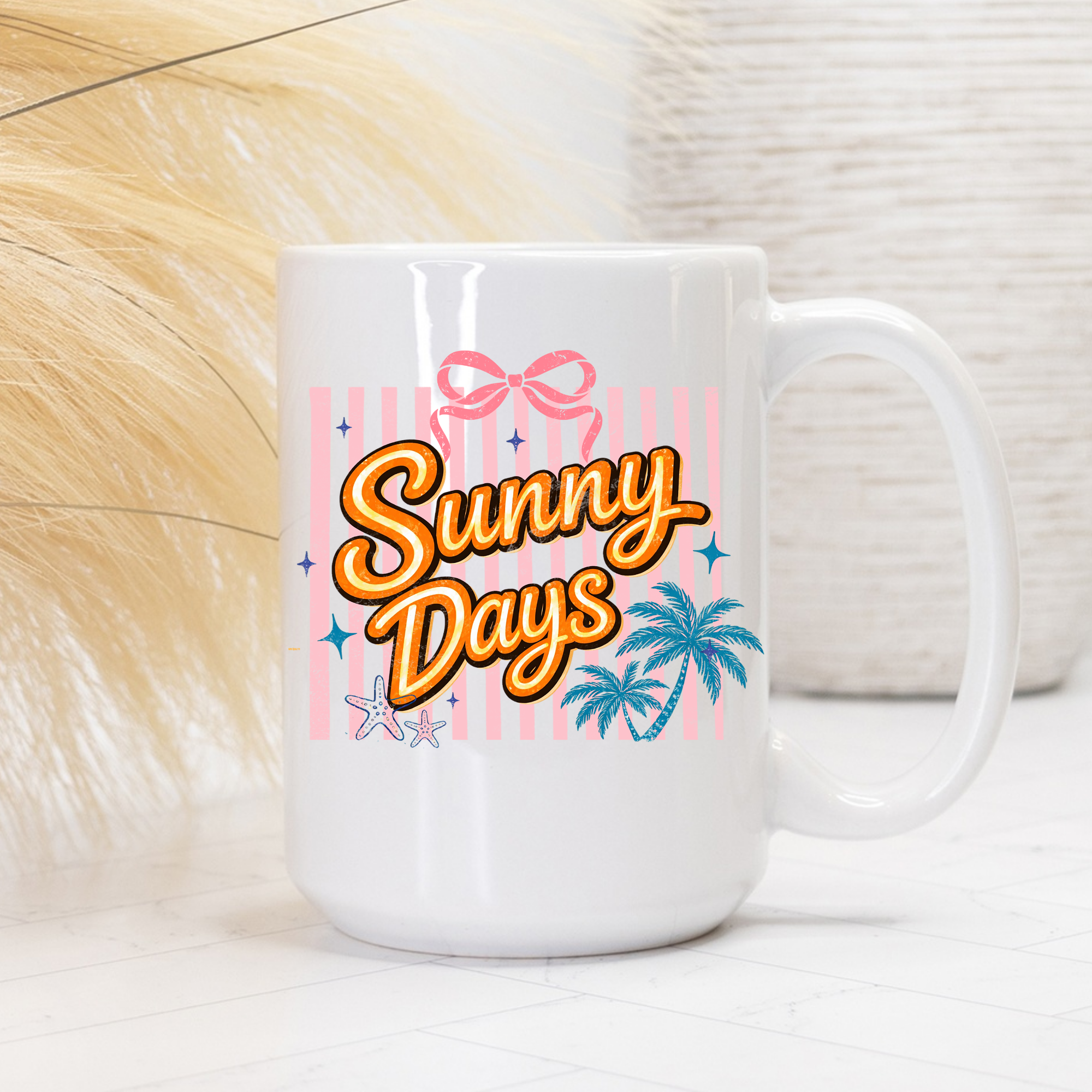 White 15oz. mug with 'Sunny Days' text and decorative elements on a light background
