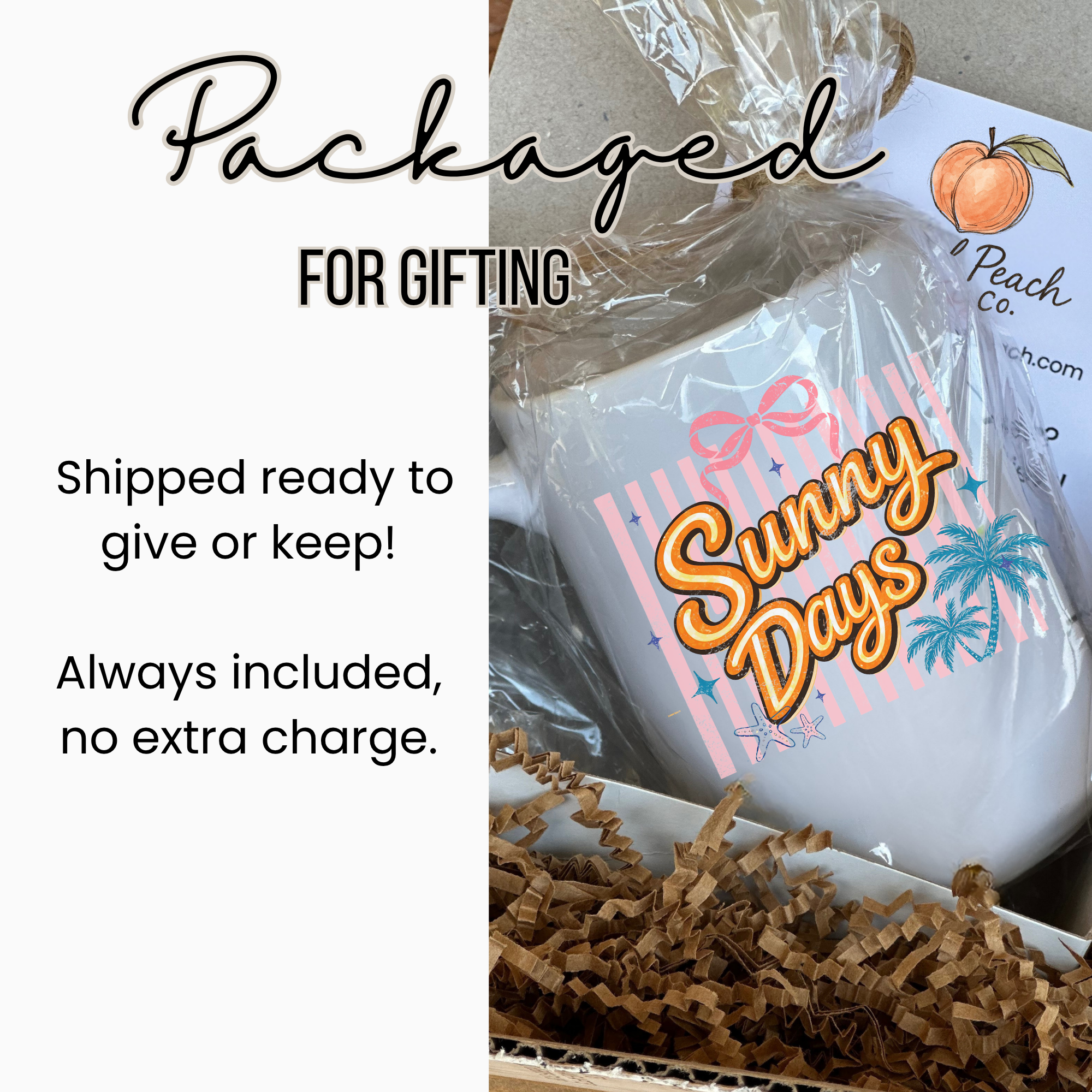 15oz white ceramic mug in product packaging with 'Sunny Days' text and decorative elements, ready for gifting.