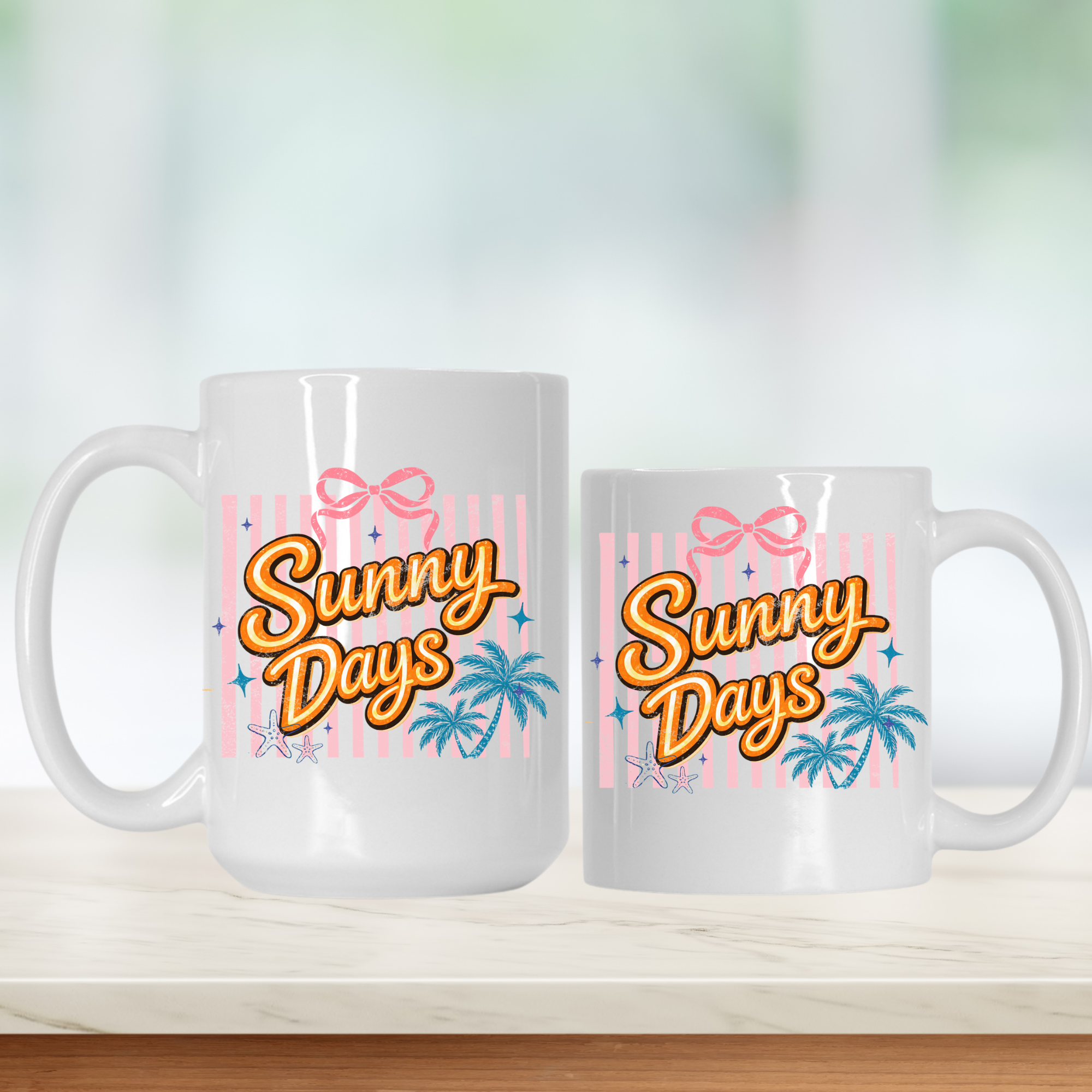 15oz. and 11oz. white mugs with 'Sunny Days' text and decorative elements on a light background
