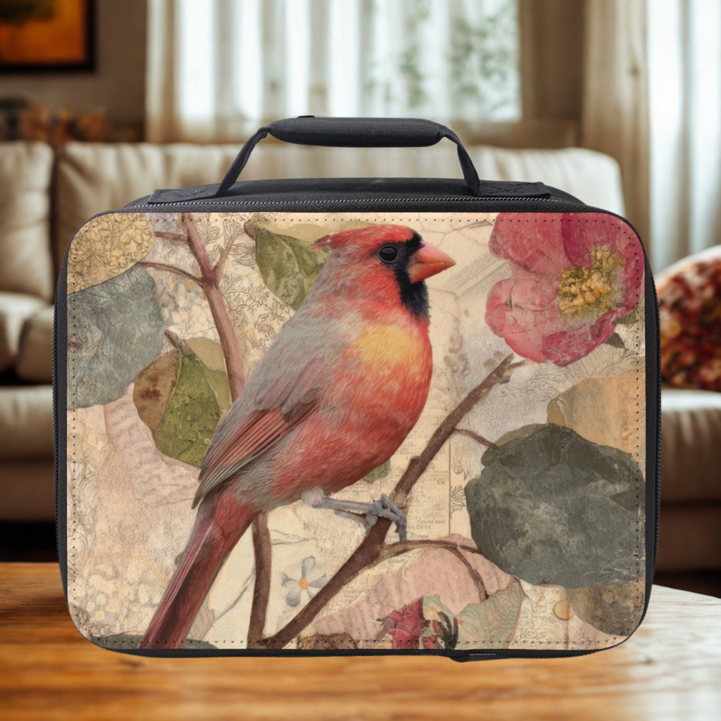  insulated lunch bag with a red cardinal design on a wooden coffee table