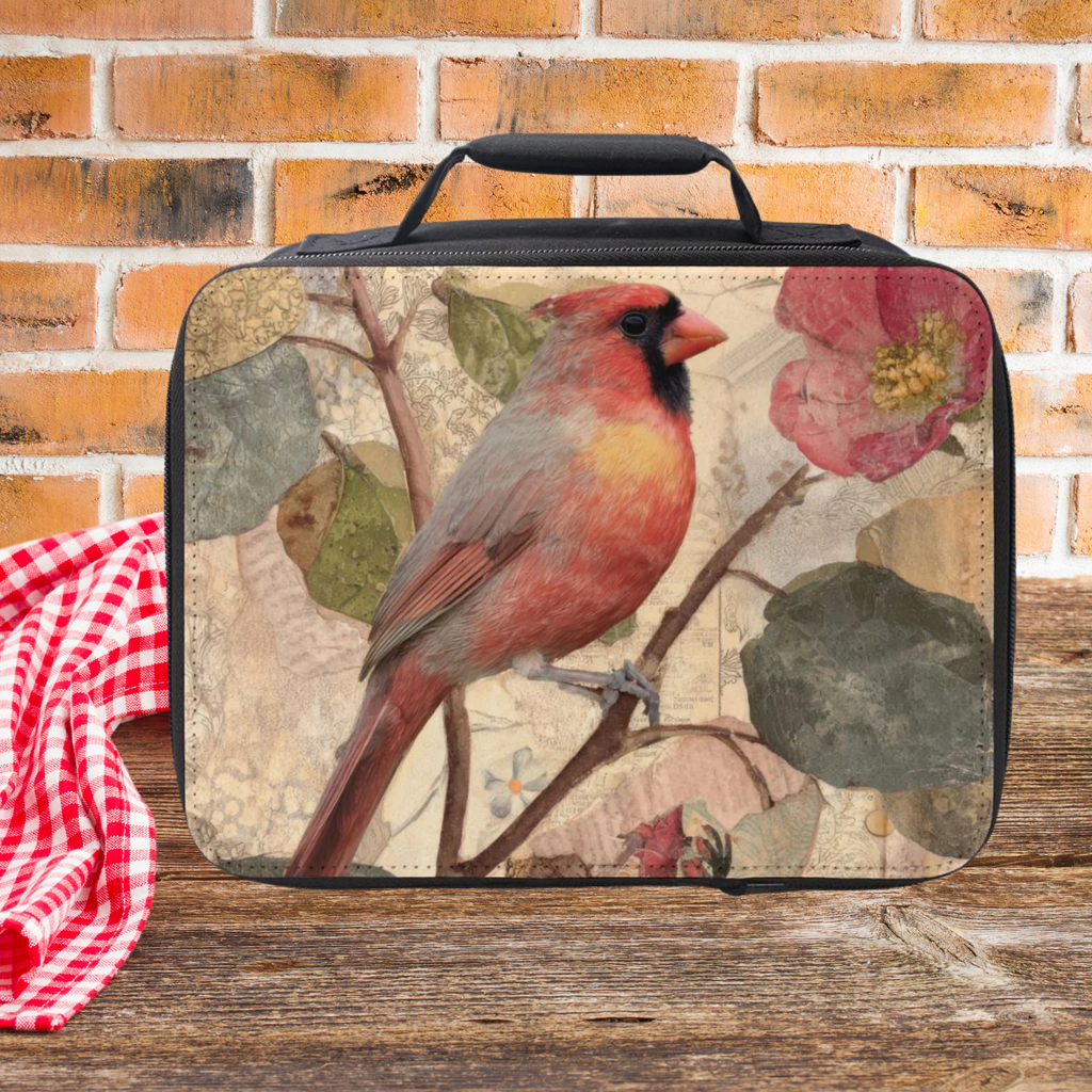  insulated lunch bag with a red cardinal design on a wooden surface with a brick wall background