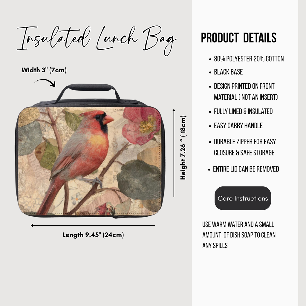 Insulated lunch bag with cardinal design and product details on a white background