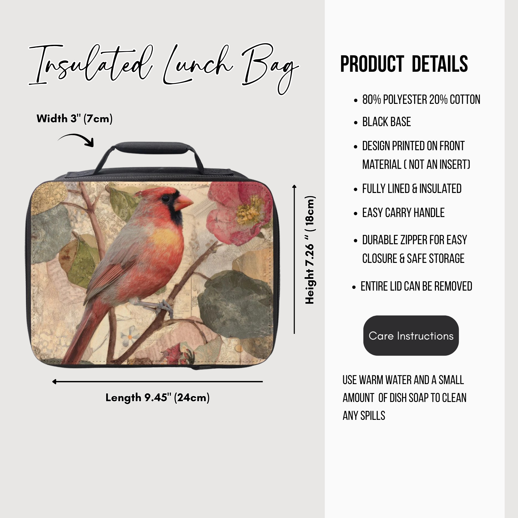 Insulated lunch bag with cardinal design and product details on a white background