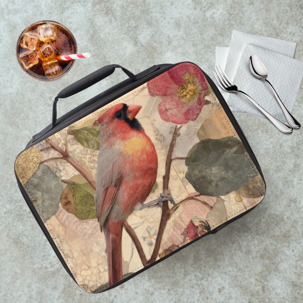 Lunch bag with a cardinal design on a cafeteria table with a drink and utensils.