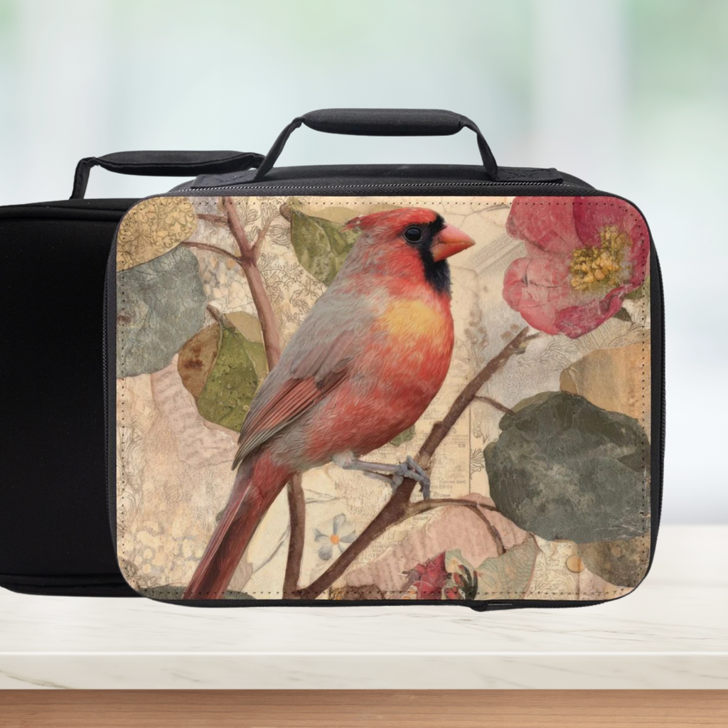 Black lunch box with a red cardinal and floral design on a white background