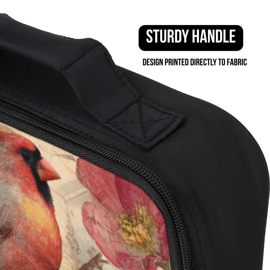 black lunch bag with cardinal bird design printed directly to the fabric and a sturdy handle.