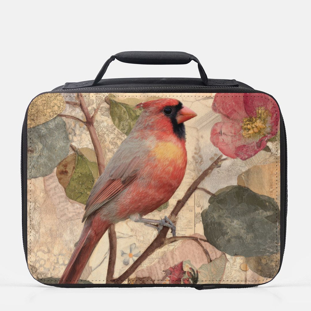  insulated lunch bag with a red cardinal design on a white background