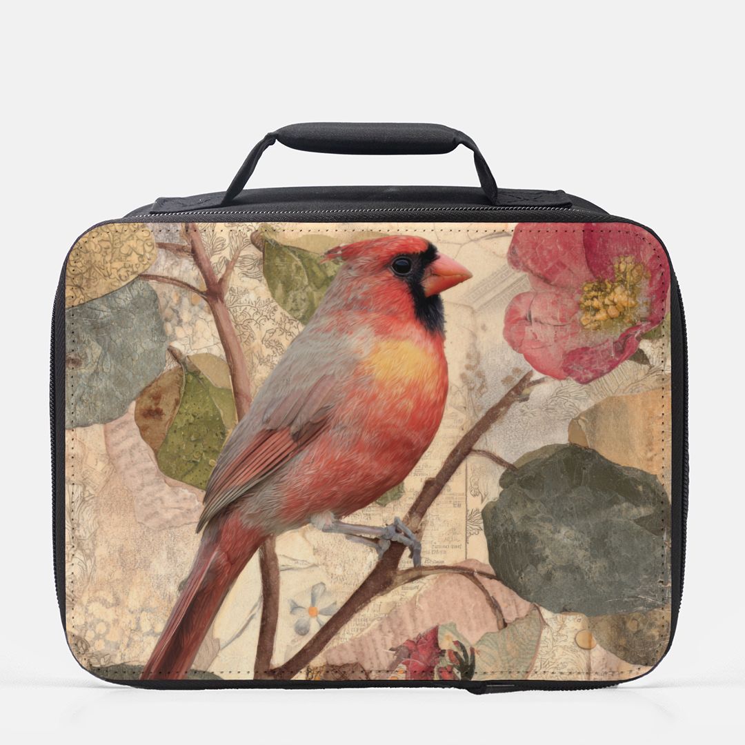  insulated lunch bag with a red cardinal design on a white background