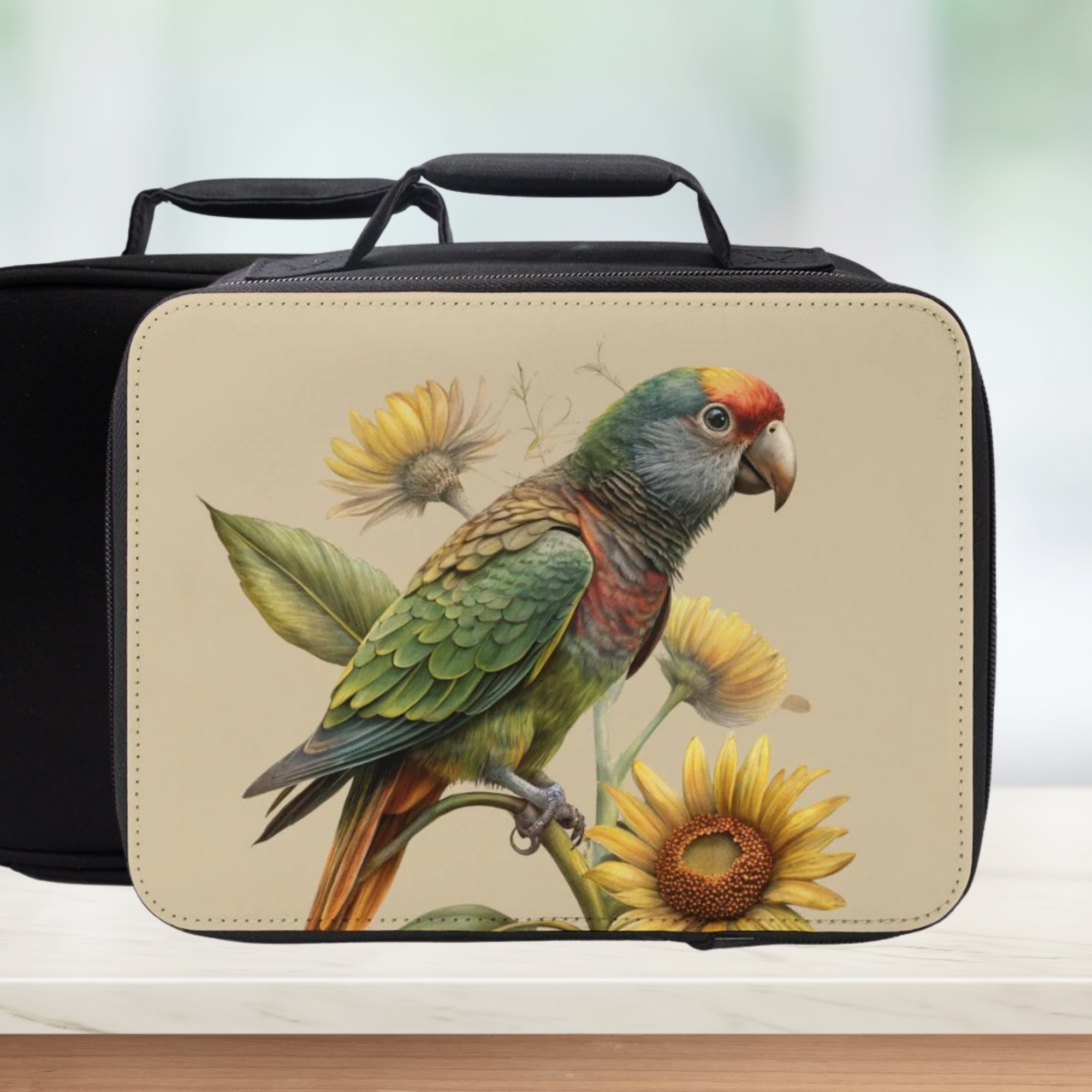 Lunch bag with a parrot and sunflower design on a beige background
