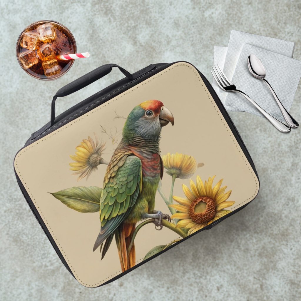 insulated lunch bag with parrot and sunflower design on a cafeteria table with a drink and eating utensils