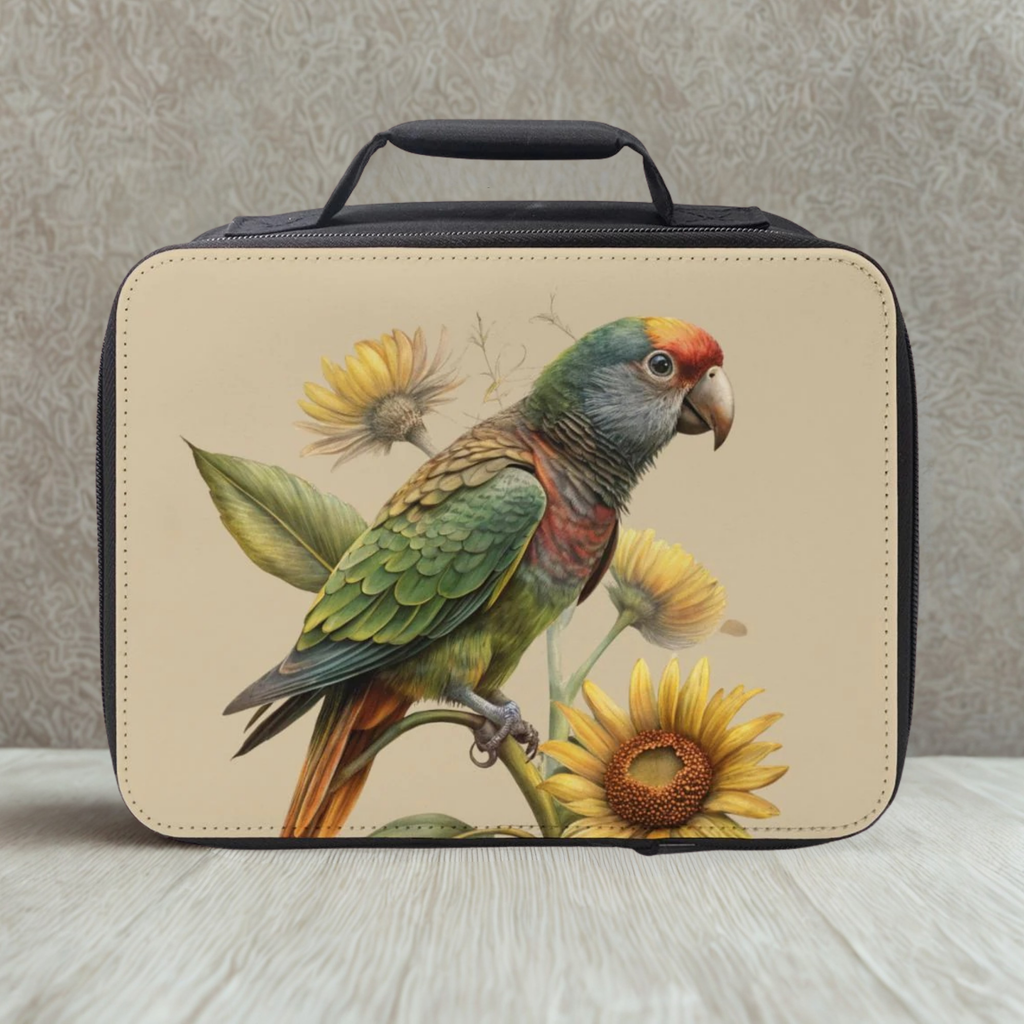  insulated lunch bag with a parrot and sunflower design on a neutral background