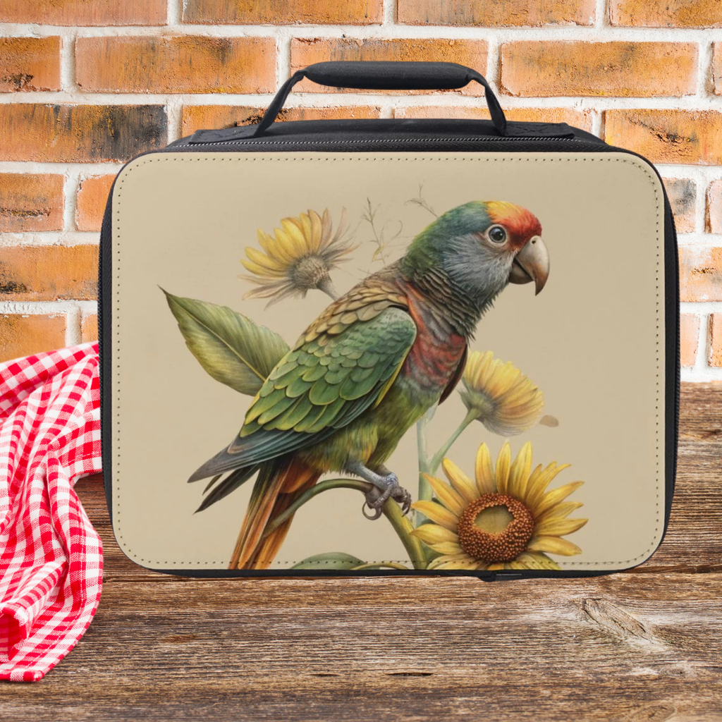 Lunch bag with a parrot design on a wooden picnic table and brick wall background