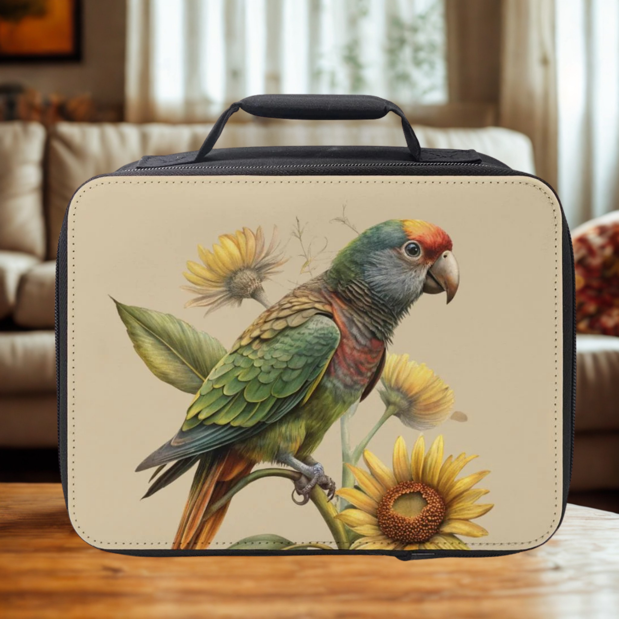 Lunch bag with a parrot design on a wooden coffee table in a cozy living room