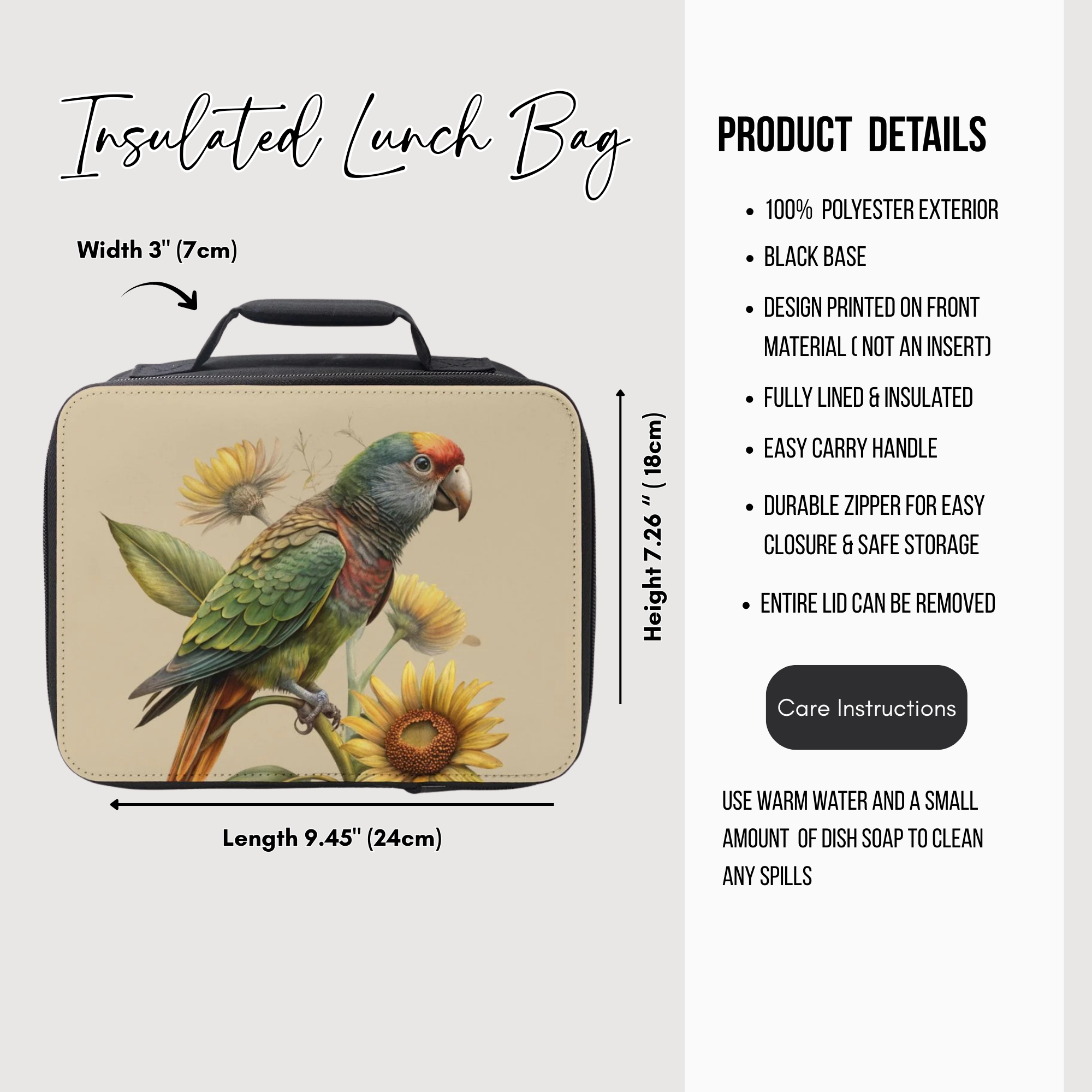 Insulated lunch bag with parrot design and product details on a white background