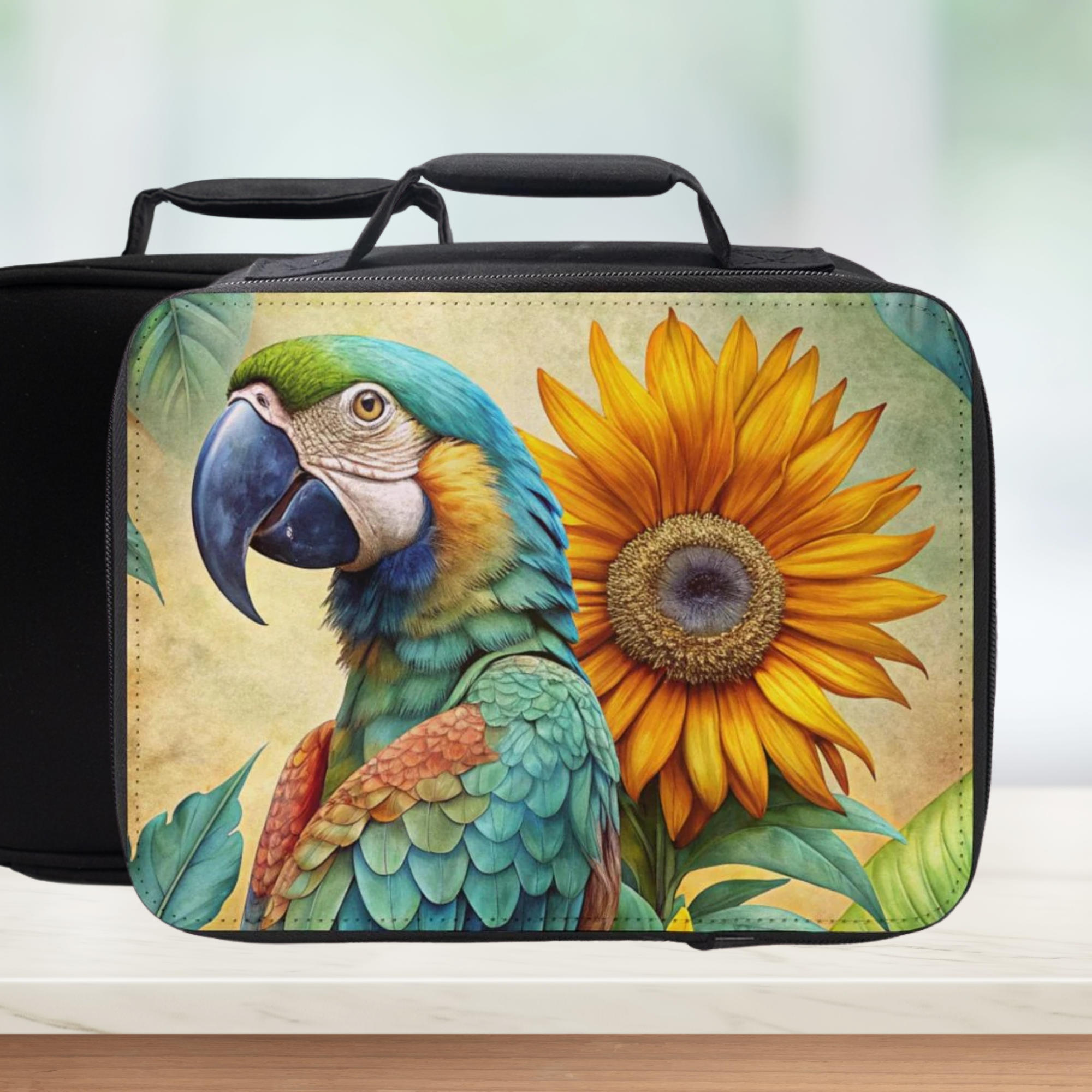 Black lunch bag with a parrot and sunflower design on a white surface.