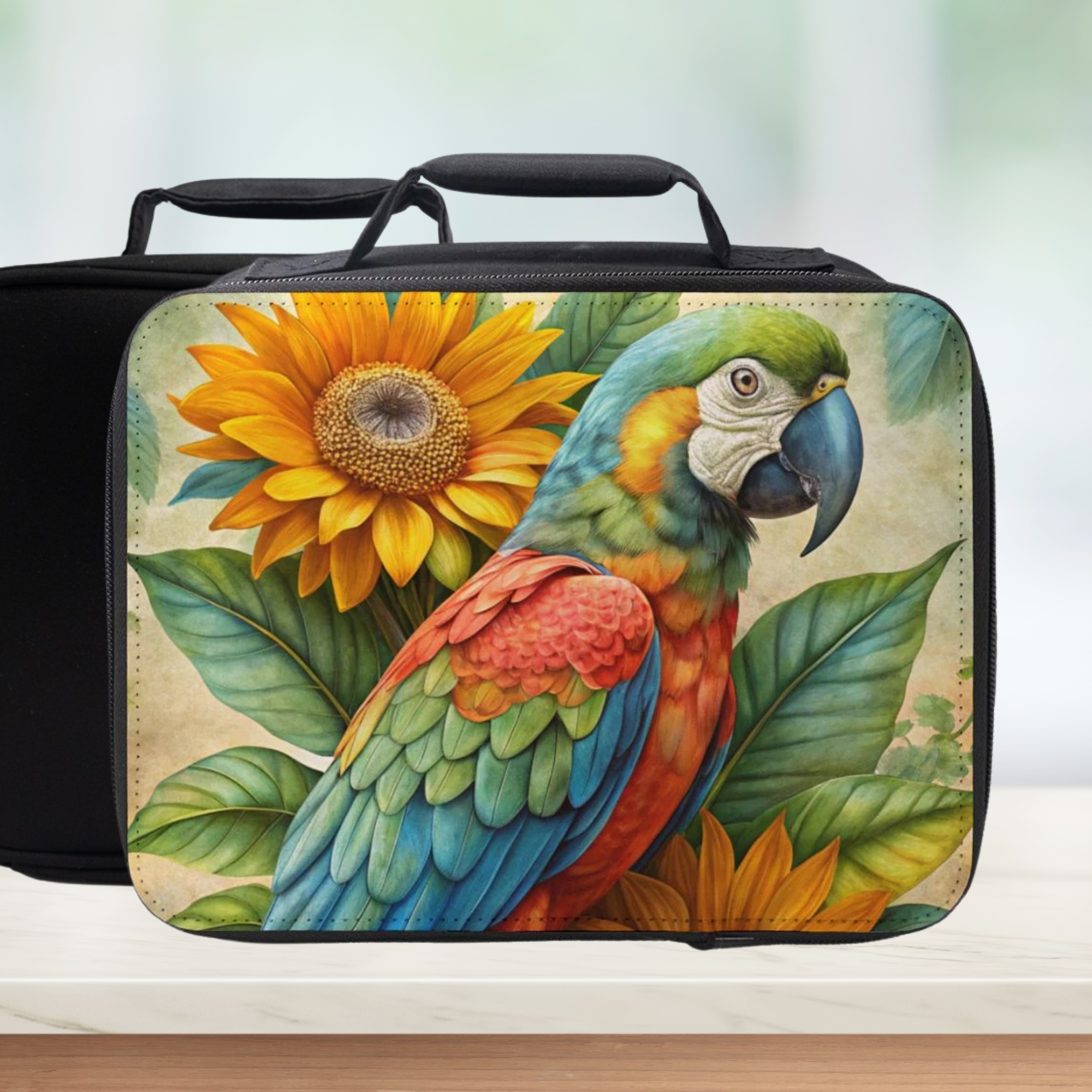 Black lunch bag with a colorful parrot and sunflower design on a white background