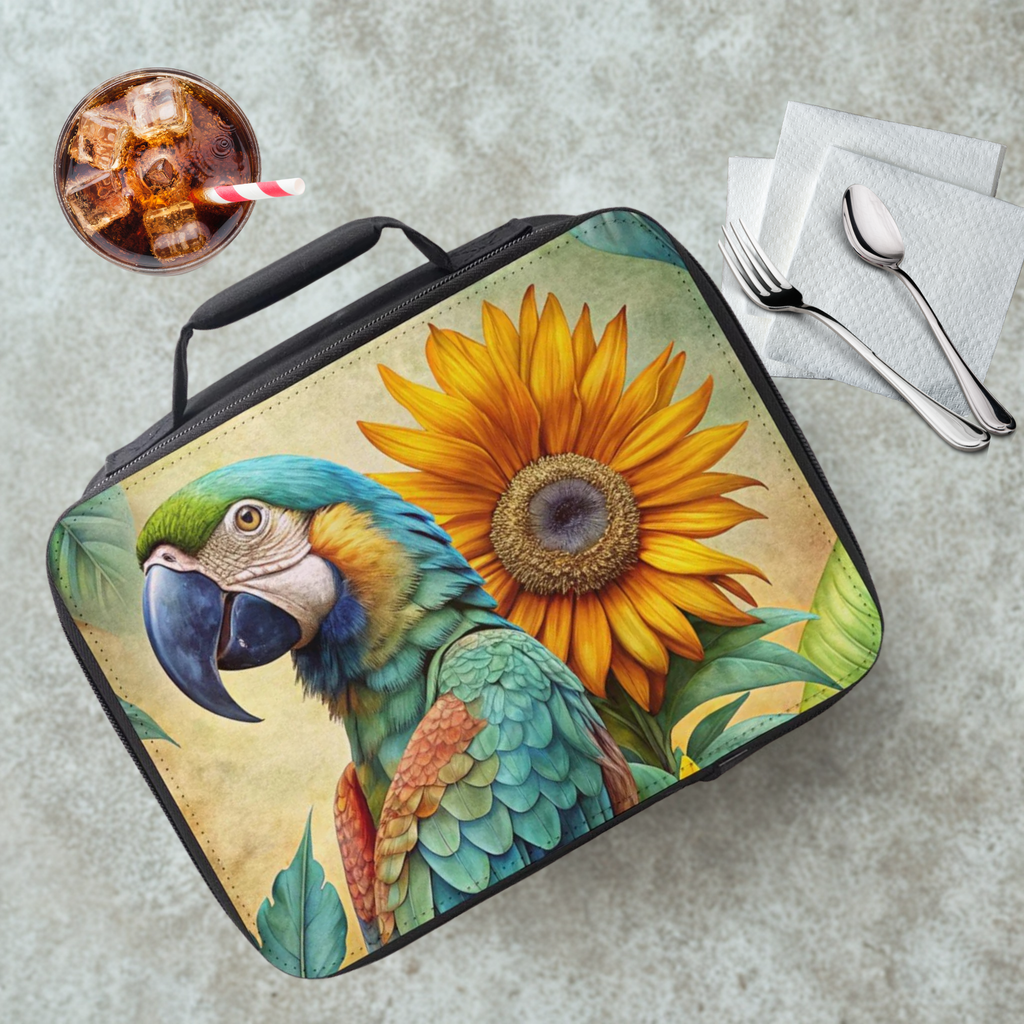  insulated lunch bag with parrot and sunflower design on a cafeteria table with a drink and eating utensils