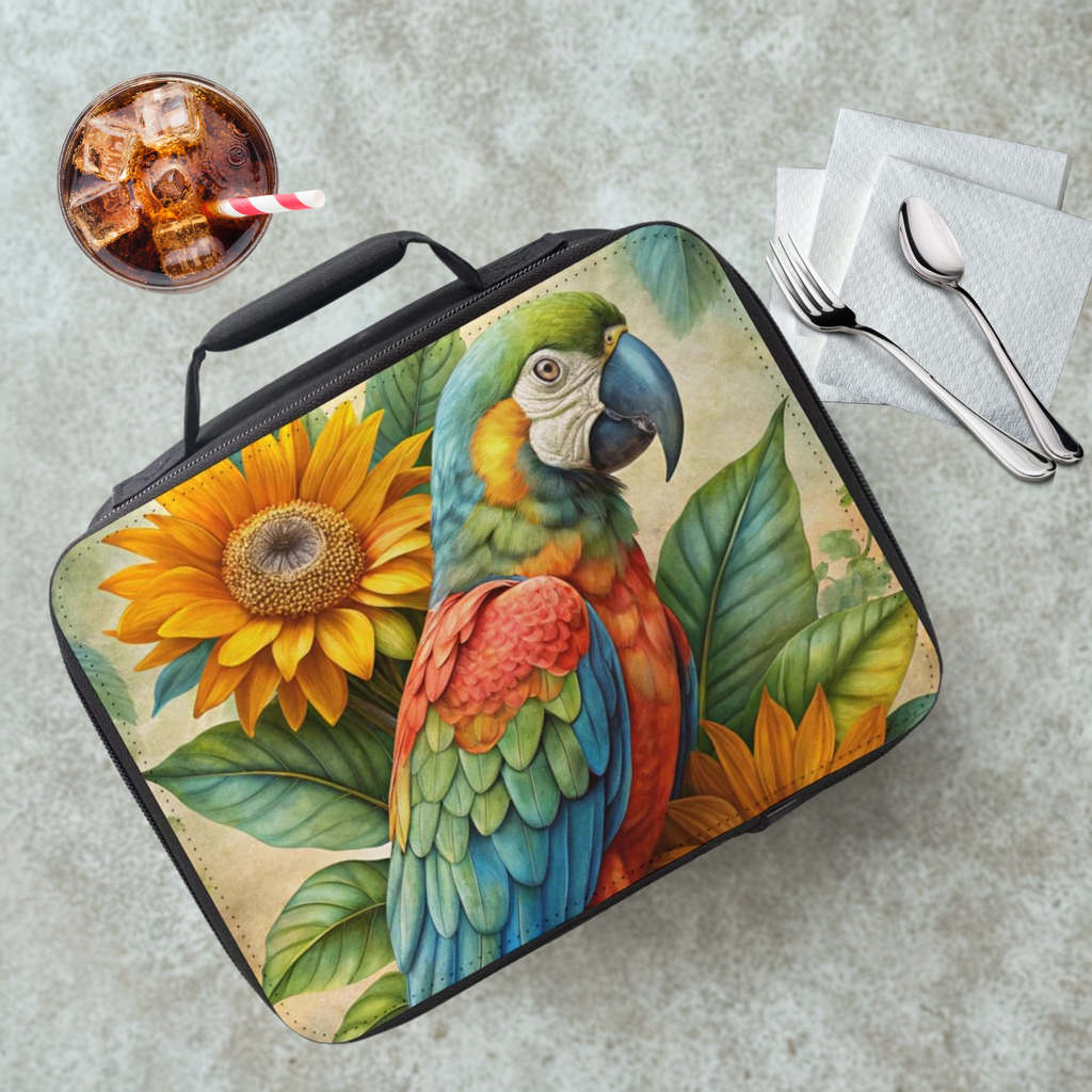 Lunch bag with parrot and sunflower design on a cafeteria table with a drink and eating utensils