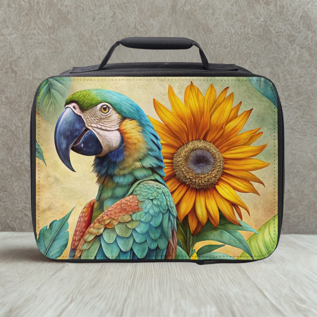  insulated lunch bag with parrot and sunflower design on a neutral background