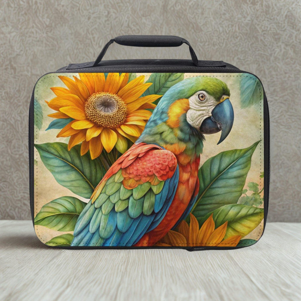  insulated lunch bag with a parrot and sunflower design on a neutral background