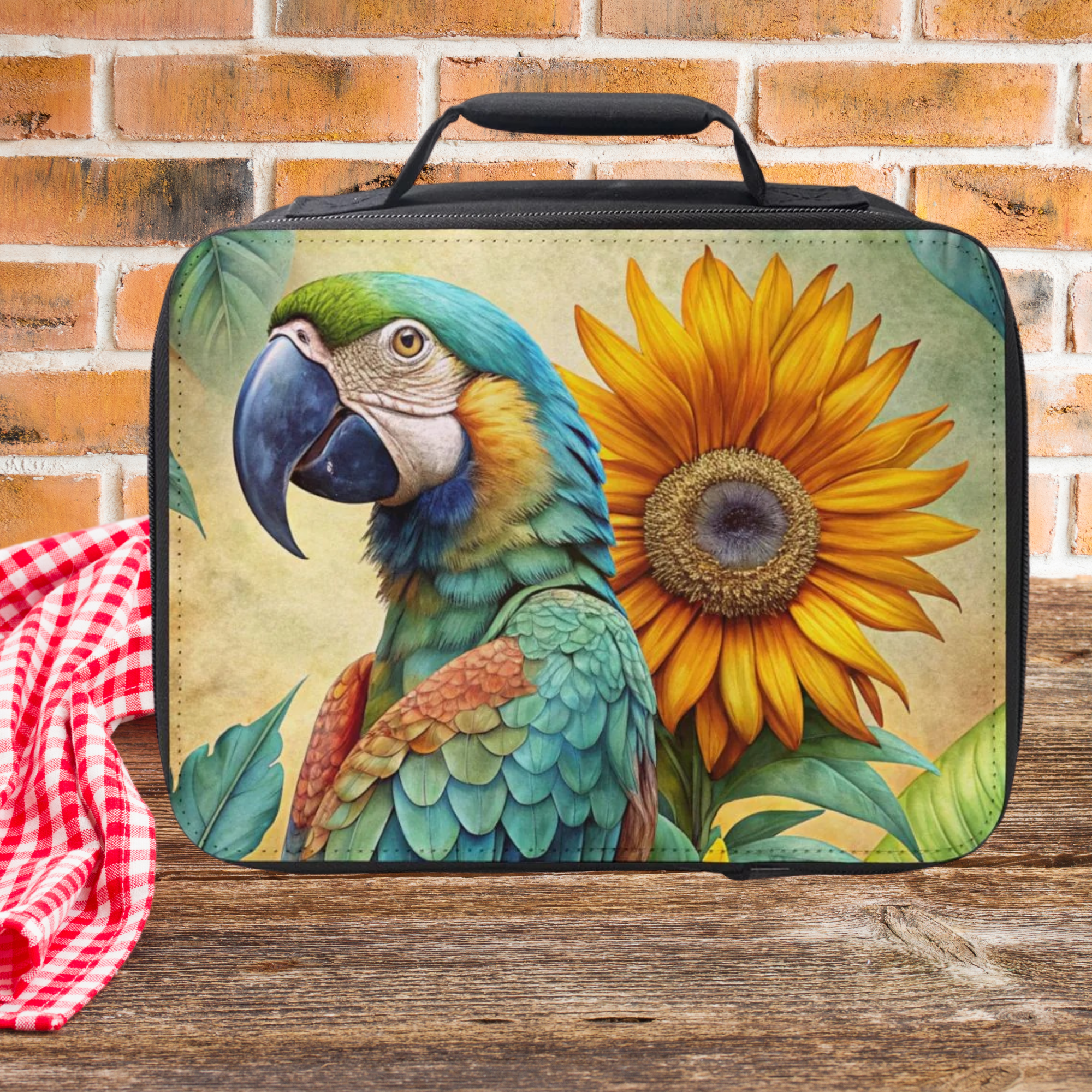 Lunch bag with a parrot and sunflower design on a wooden picnic table with a brick wall background.