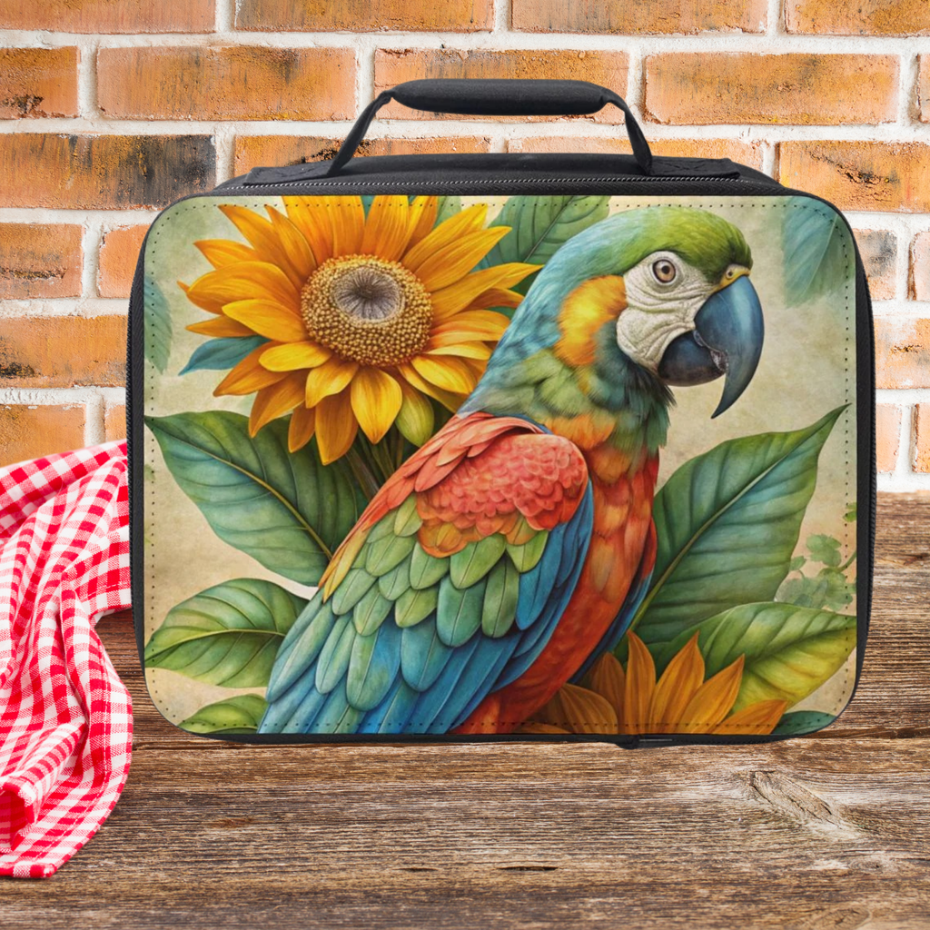 Lunch bag with a parrot and sunflower design on a wooden picnic table with a brick wall background.