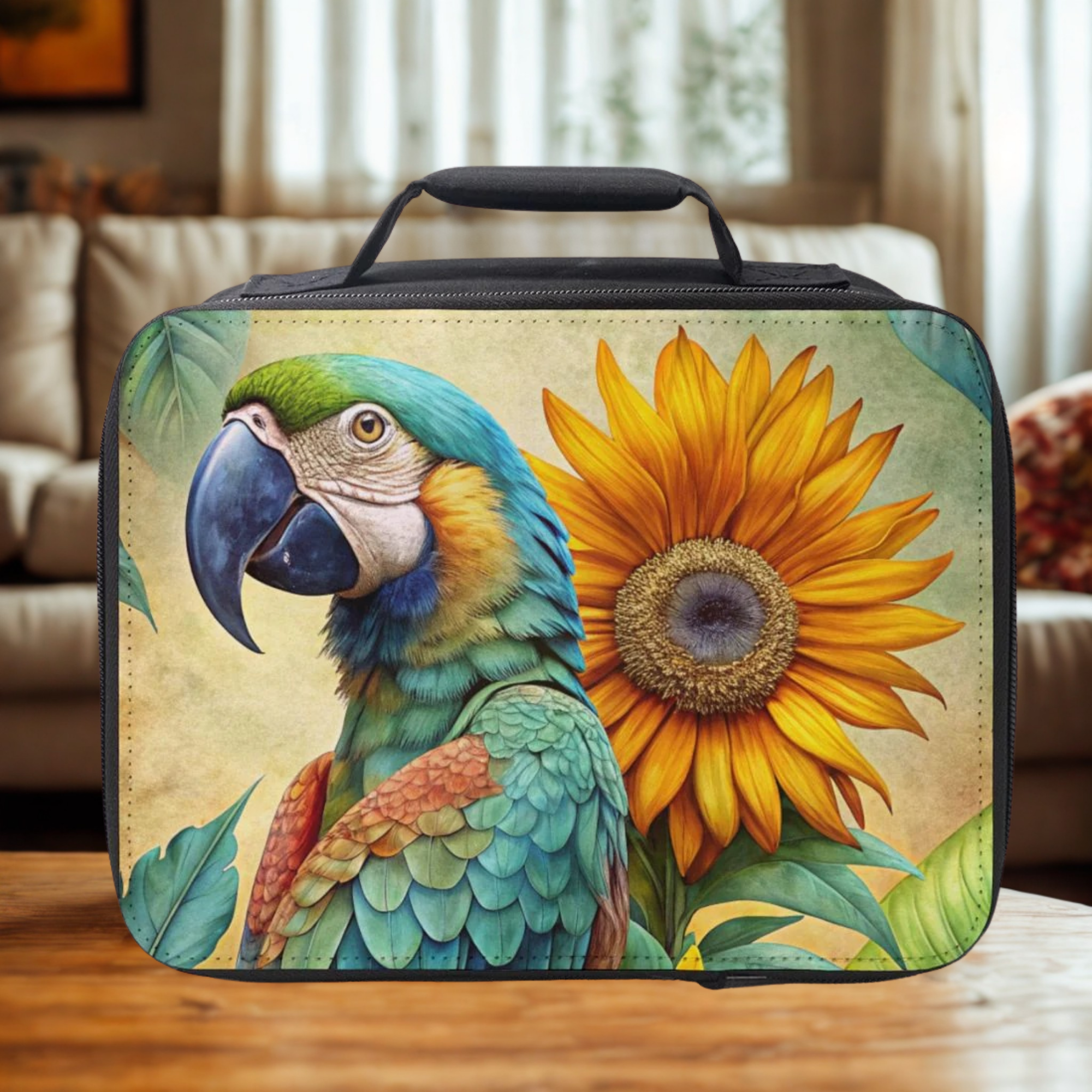 Lunch bag with a parrot and sunflower design on a wooden surface.