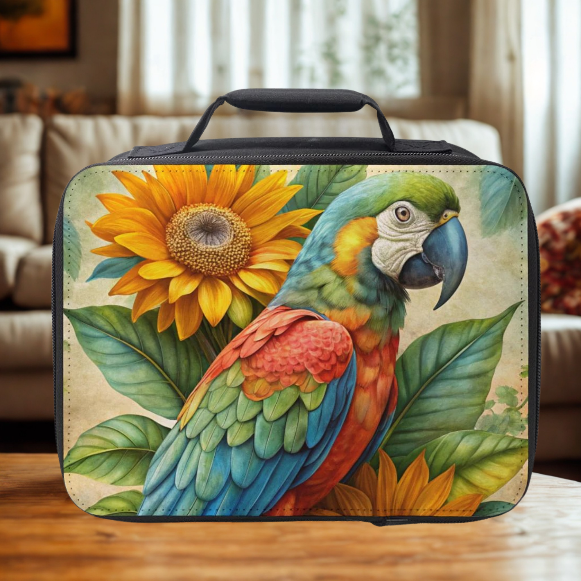  insulated lunch bag with a parrot and sunflower design on a wooden table in a living room