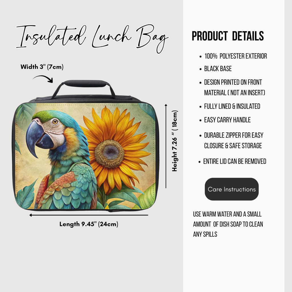 Insulated lunch bag with parrot and sunflower design, featuring product details on a white background.