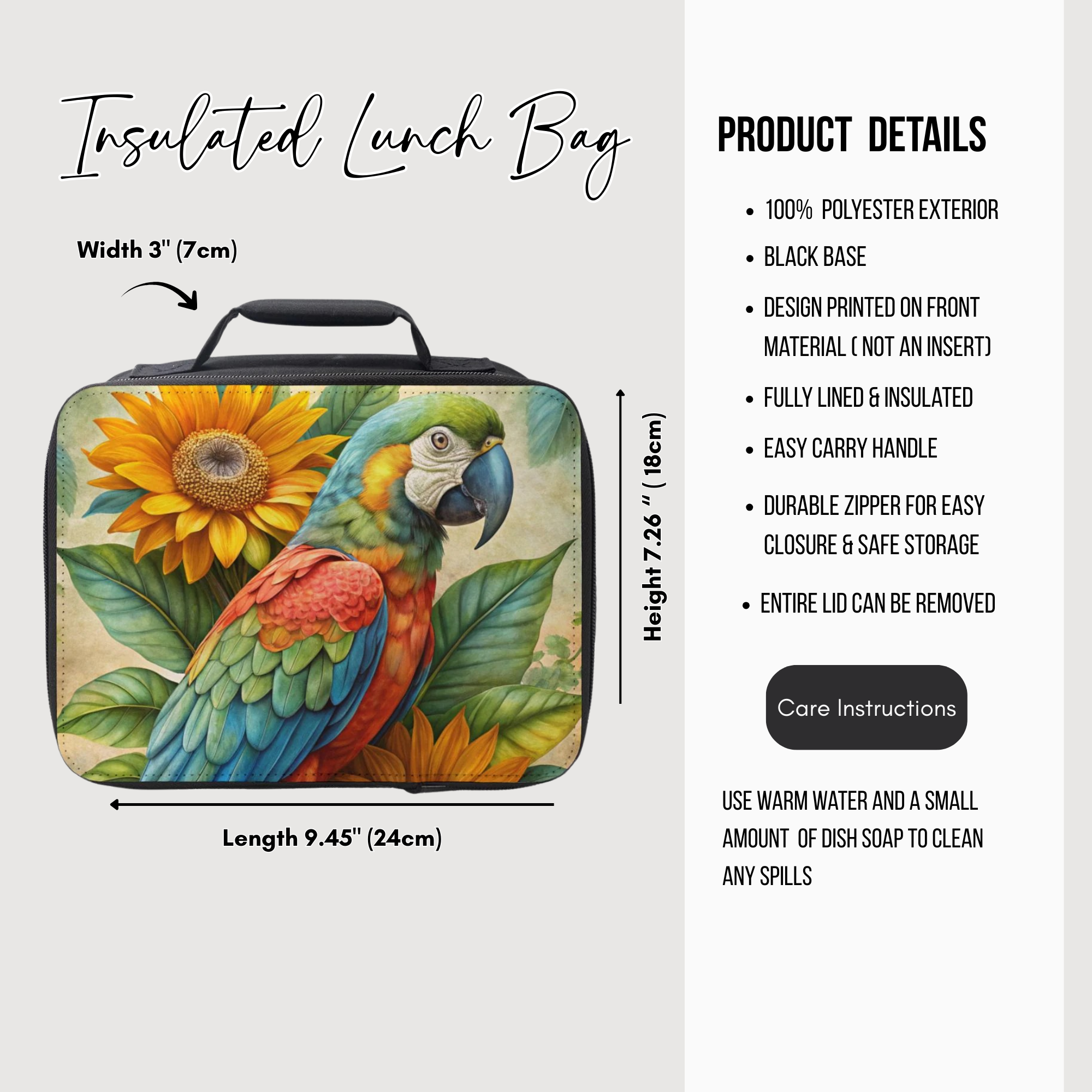 Insulated lunch bag with parrot and sunflower design, featuring product details on a white background.