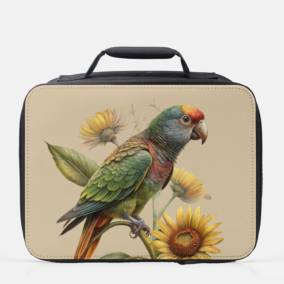  insulated lunch bag with parrot and sunflower design on beige background