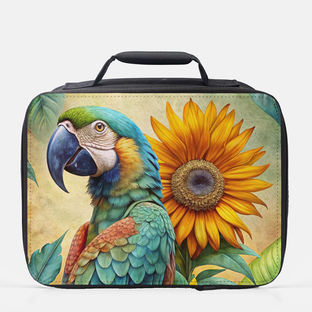  insulated lunch bag with parrot and sunflower design